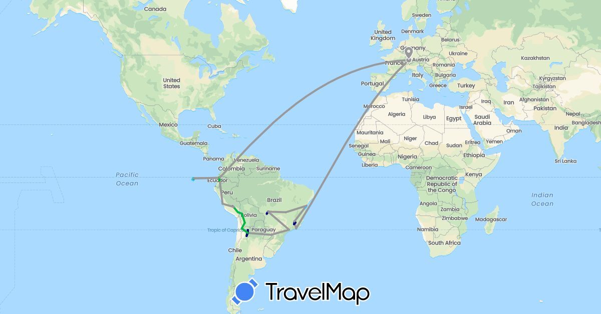 TravelMap itinerary: driving, bus, plane, train, hiking, boat in Argentina, Bolivia, Brazil, Switzerland, Chile, Ecuador, Peru (Europe, South America)